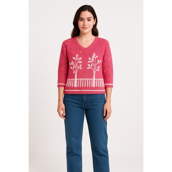 Vintage 80s SKYR Tree Knit Sweater Ramie Cotton Confetti Cottagecore Medium - Picture 1 of 16